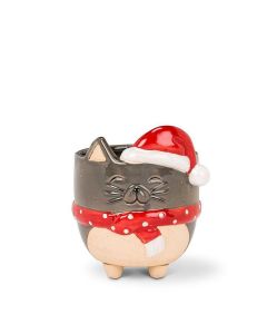Xma Pot Cat With Santa Hat Large 5.5"